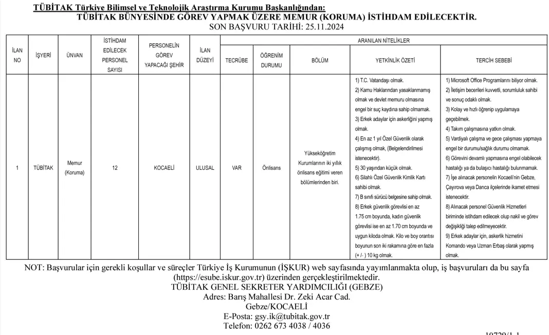 Tübitak Koruma Memuru Alımı Ilanı